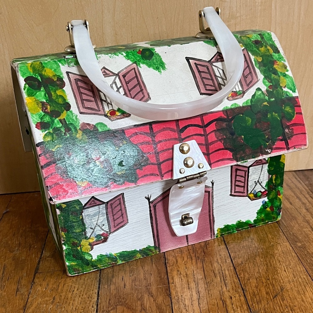 RARE Vintage Hand-Painted Wood Satchel Purse Handbag with House Design - Picture 9 of 15